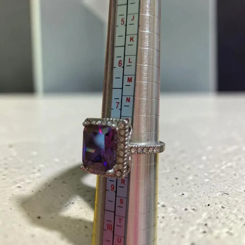 Purple Princess Cut Cubic Zirconia Halo Ring Silver Tone Statement Cocktail Ring